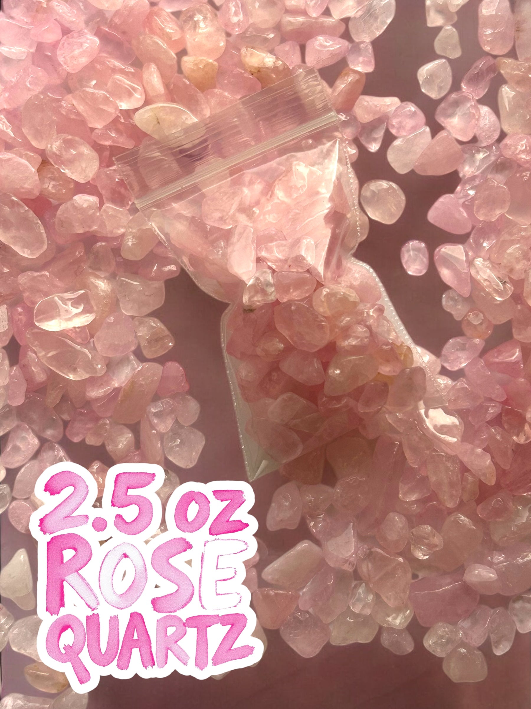 An example of 2.5 oz bag of rose quartz gemstones