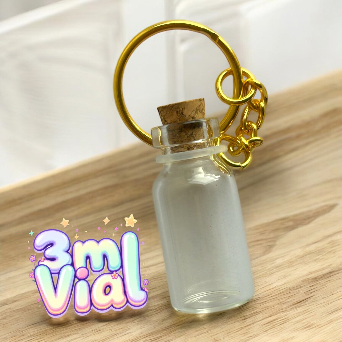 A 3mL clear vial keychain