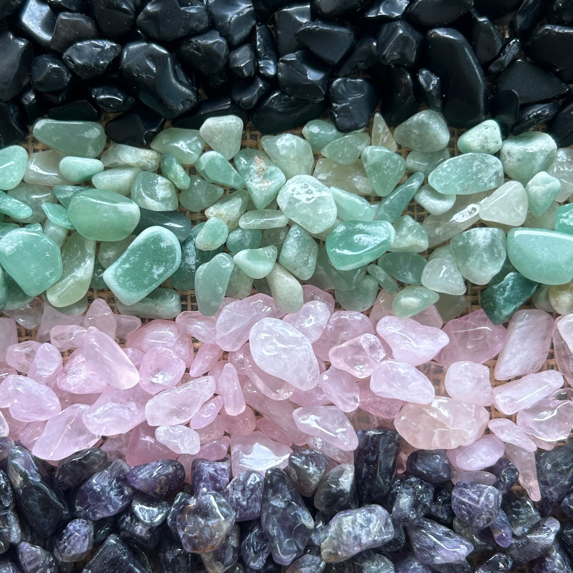 Our gemstone options include rose quartz, black obsidian, green aventurine, and amethyst.