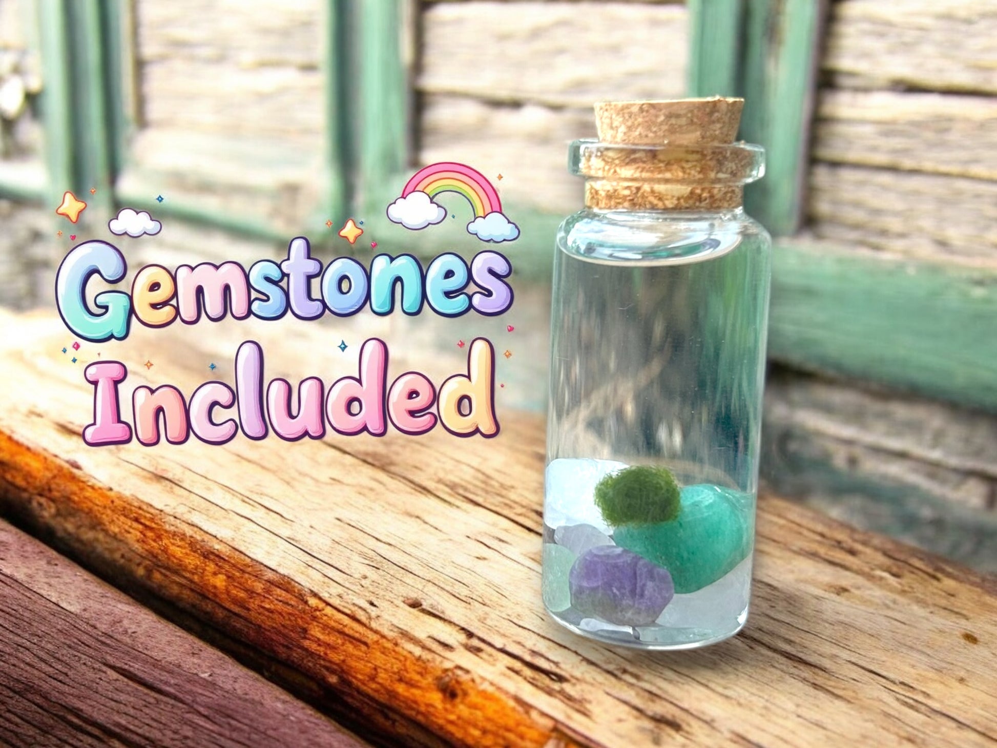 Vial displaying gemstones and Japanese algae ball