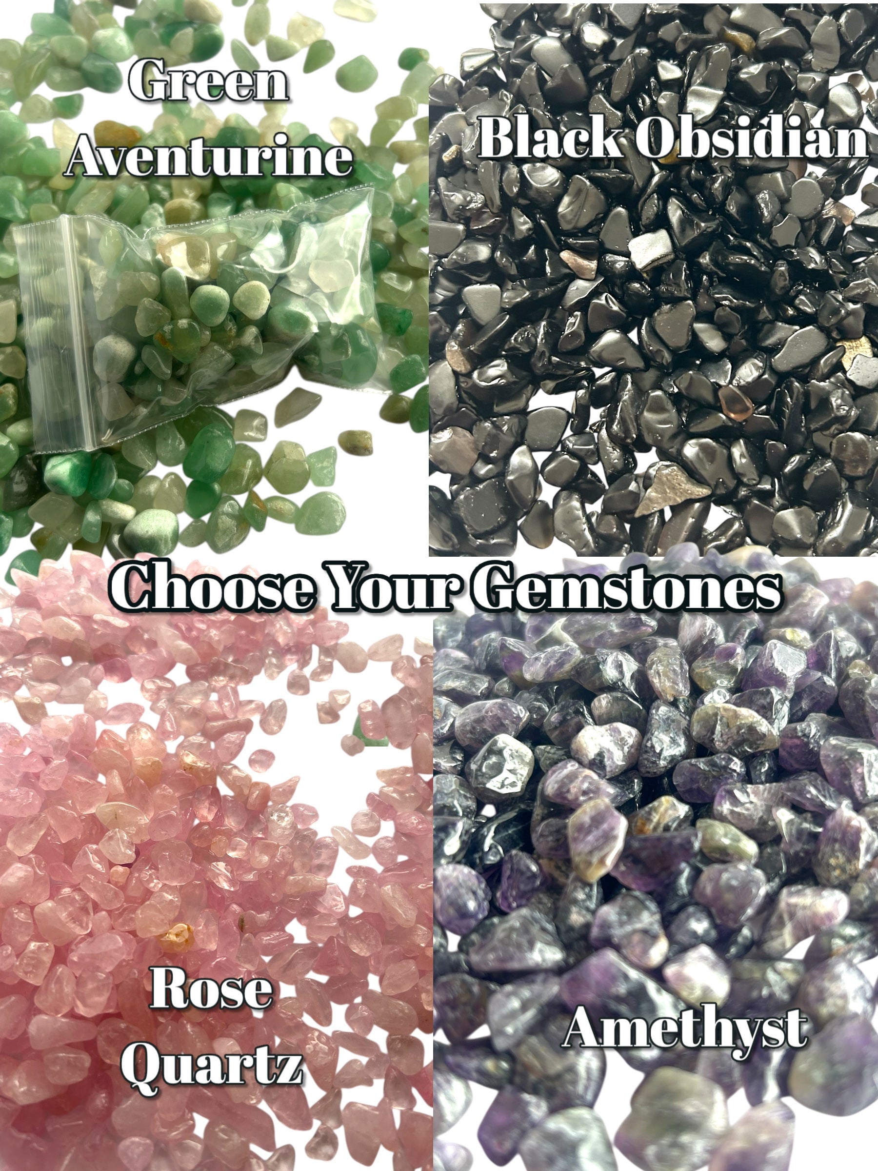 Please h ch pose from our selection of gemstones including: rose quartz, black obsidian, amethyst, and green aventurine