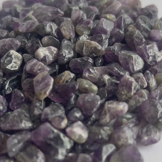 Amethyst gemstones being displayed